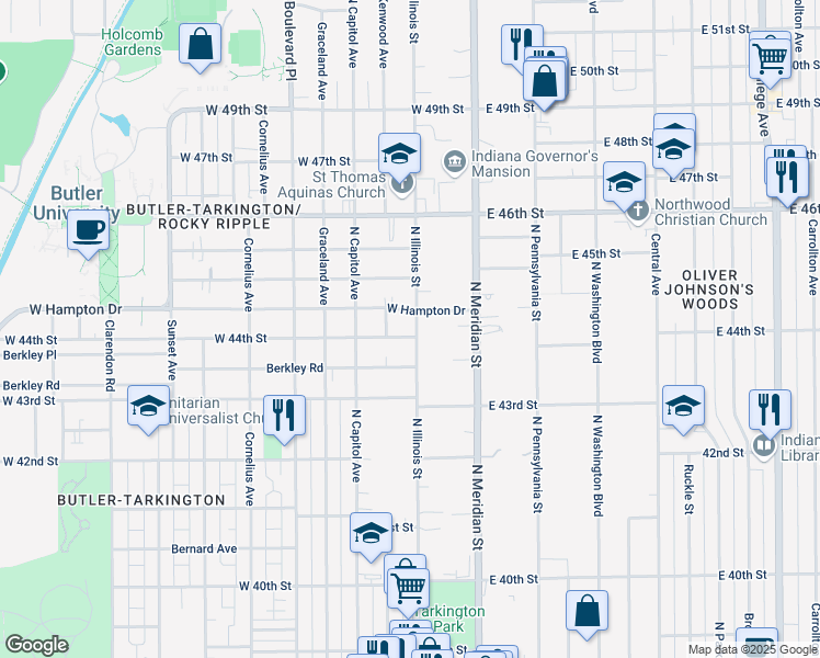 map of restaurants, bars, coffee shops, grocery stores, and more near 119 West 44th Street in Indianapolis