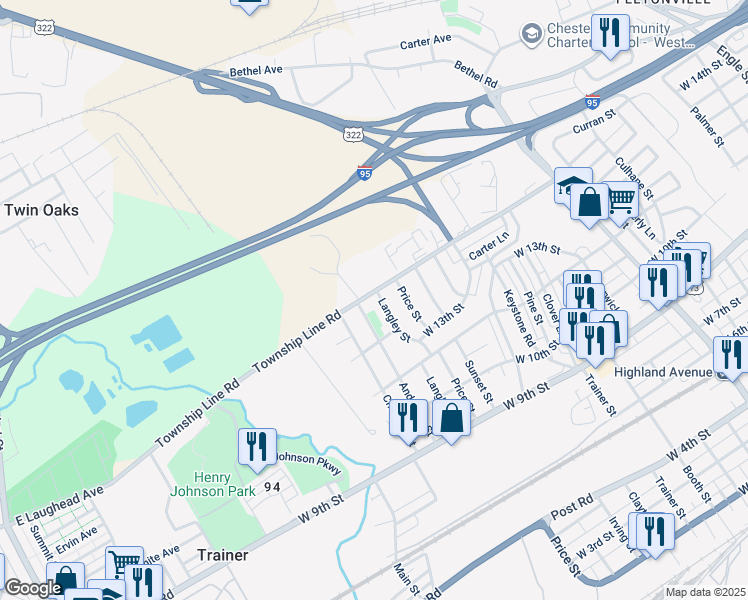 map of restaurants, bars, coffee shops, grocery stores, and more near 1374 Langley Street in Trainer