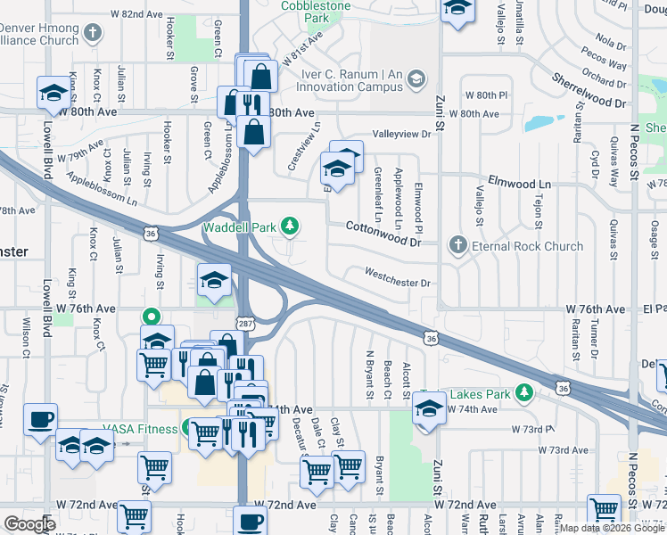 map of restaurants, bars, coffee shops, grocery stores, and more near 7678 Elmwood Lane in Denver