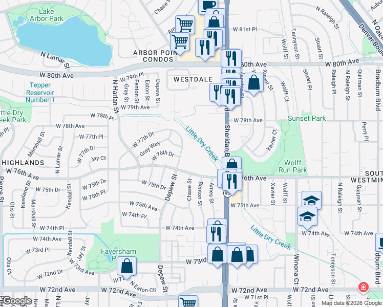 map of restaurants, bars, coffee shops, grocery stores, and more near 7676 Depew Street in Arvada