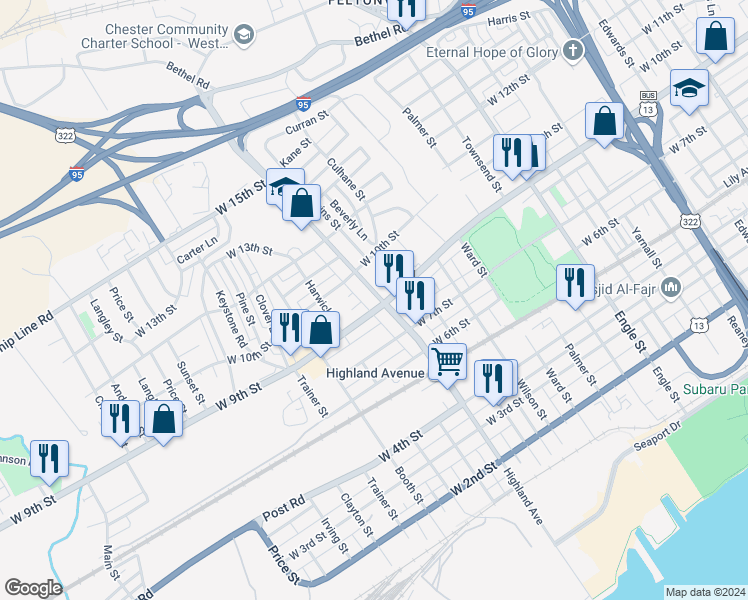 map of restaurants, bars, coffee shops, grocery stores, and more near 910 Highland Avenue in Chester