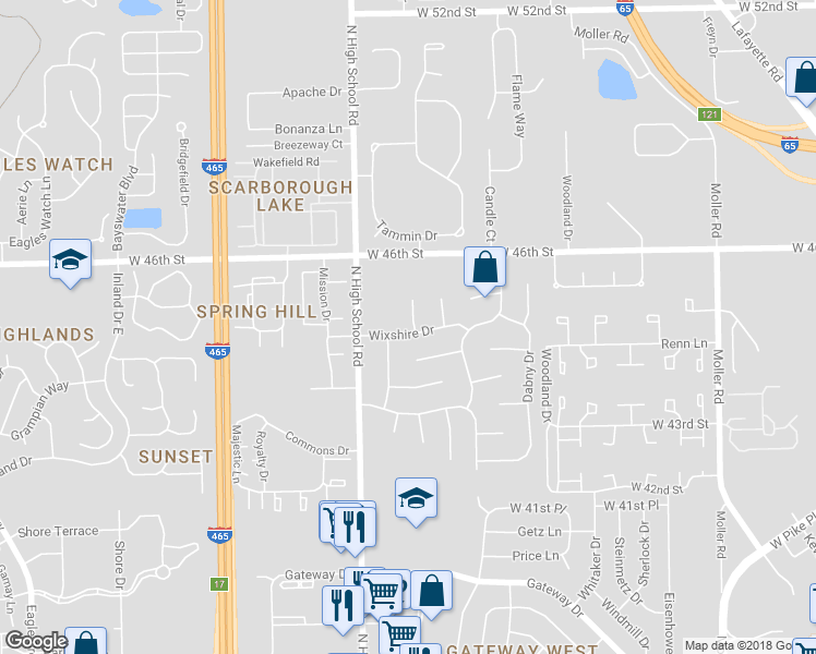 map of restaurants, bars, coffee shops, grocery stores, and more near 6116 Wixshire Drive in Indianapolis