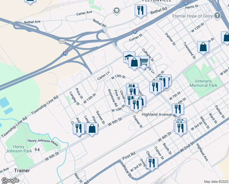 map of restaurants, bars, coffee shops, grocery stores, and more near 1200 Pine Lane in Chester