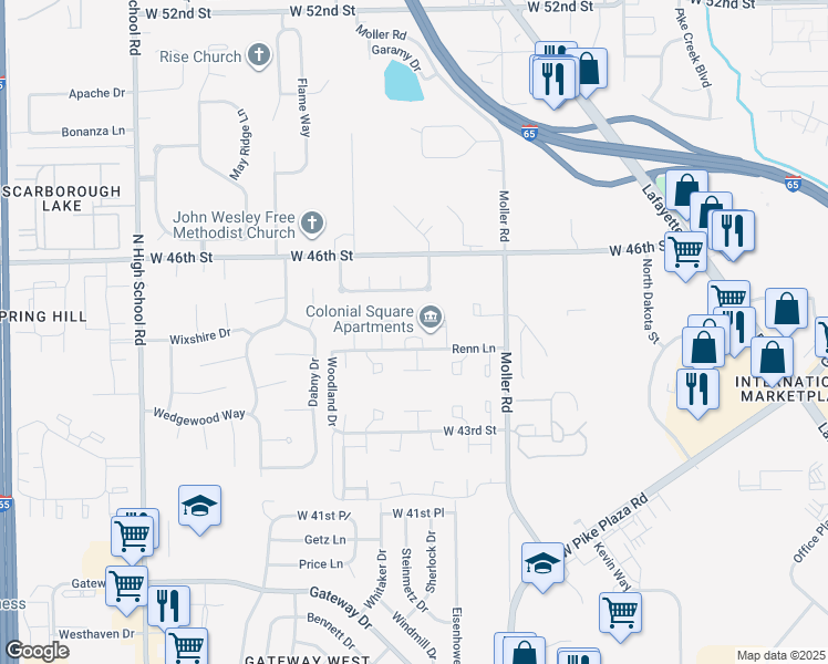 map of restaurants, bars, coffee shops, grocery stores, and more near 5650 Renn Lane in Indianapolis
