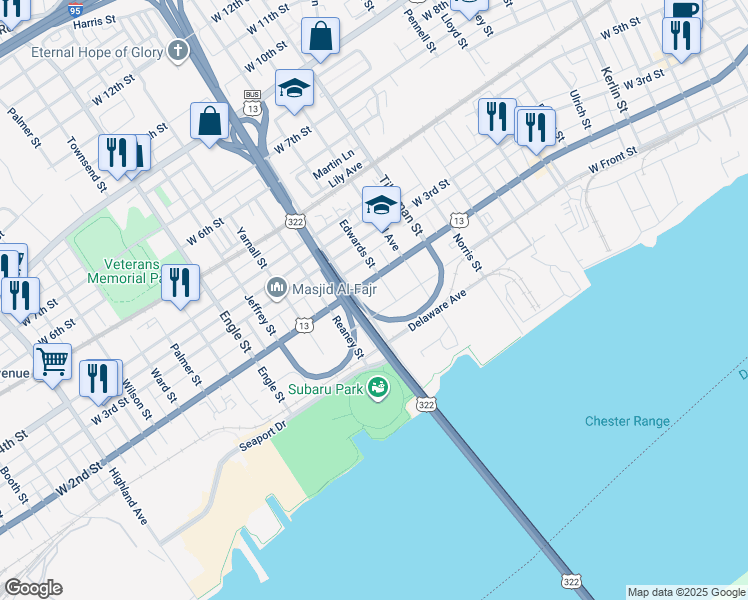 map of restaurants, bars, coffee shops, grocery stores, and more near 116 Abbott Street in Chester