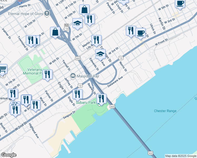 map of restaurants, bars, coffee shops, grocery stores, and more near 116 Abbott Street in Chester