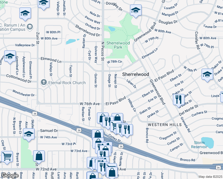 map of restaurants, bars, coffee shops, grocery stores, and more near 7653 Navajo Street in Denver