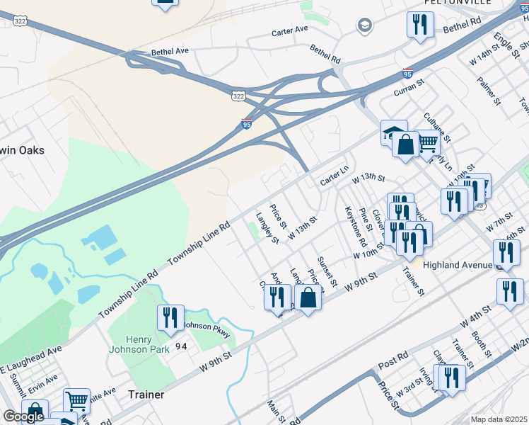 map of restaurants, bars, coffee shops, grocery stores, and more near 1365 Langley Street in Trainer