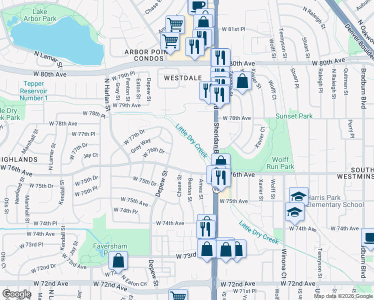 map of restaurants, bars, coffee shops, grocery stores, and more near 5423 West 76th Avenue in Arvada