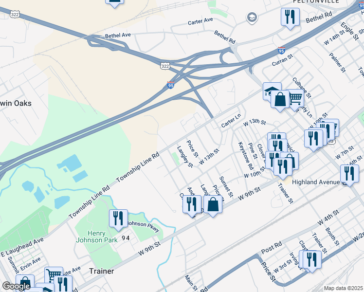 map of restaurants, bars, coffee shops, grocery stores, and more near 1365 Langley Street in Trainer