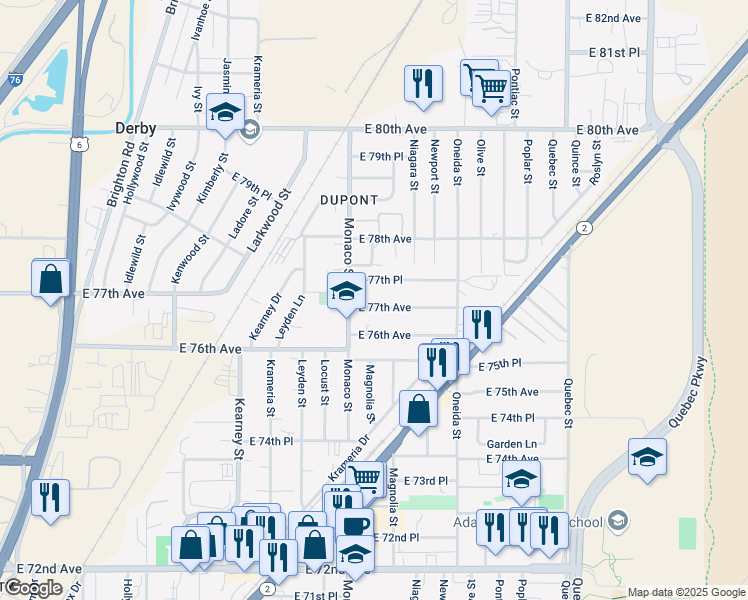 map of restaurants, bars, coffee shops, grocery stores, and more near 6540 East 77th Avenue in Commerce City