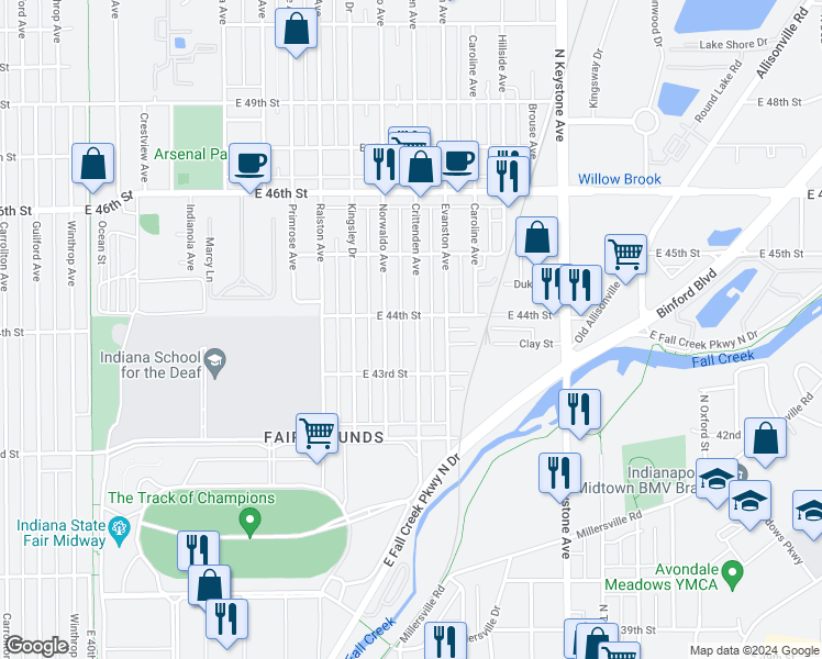map of restaurants, bars, coffee shops, grocery stores, and more near 4346 Crittenden Avenue in Indianapolis