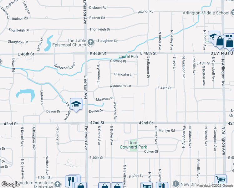 map of restaurants, bars, coffee shops, grocery stores, and more near 5325 Susan Lane in Indianapolis