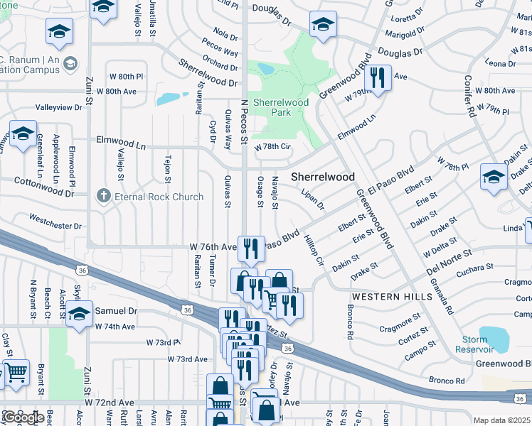 map of restaurants, bars, coffee shops, grocery stores, and more near 7653 Navajo Street in Denver