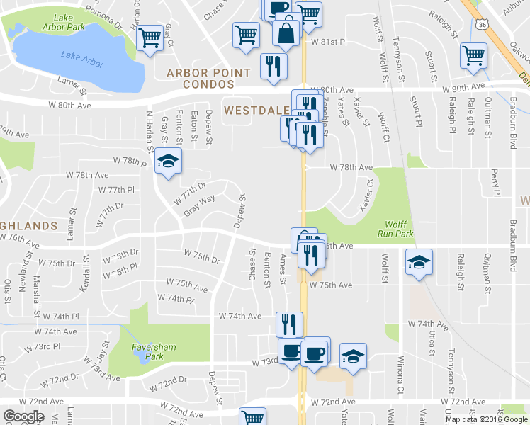 map of restaurants, bars, coffee shops, grocery stores, and more near 5423 West 76th Avenue in Arvada