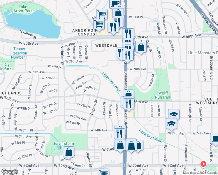 map of restaurants, bars, coffee shops, grocery stores, and more near 5423 West 76th Avenue in Arvada