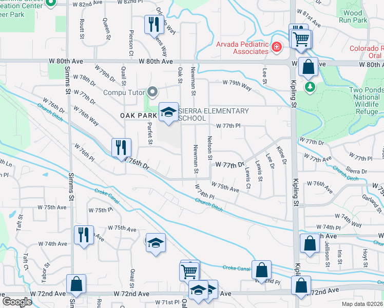 map of restaurants, bars, coffee shops, grocery stores, and more near 7647 Newman Street in Arvada