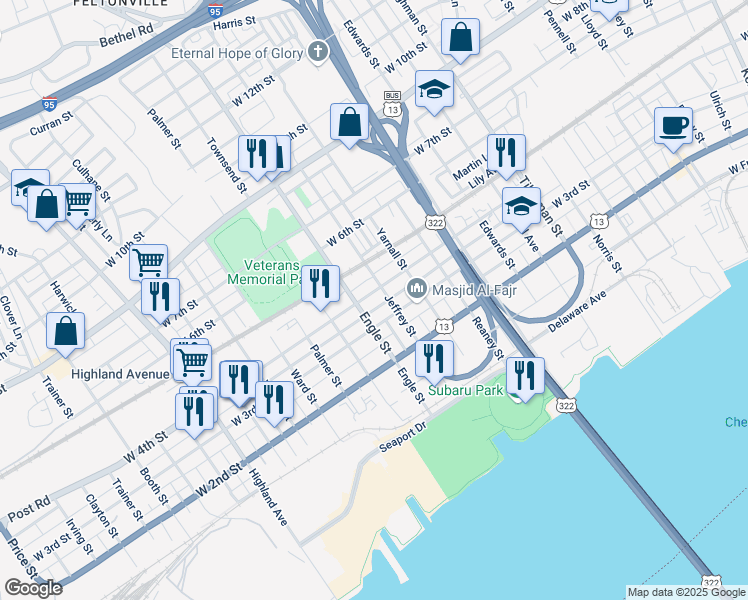 map of restaurants, bars, coffee shops, grocery stores, and more near 2113 West 3rd Street in Chester