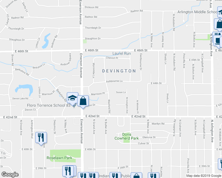 map of restaurants, bars, coffee shops, grocery stores, and more near 5325 Susan Lane in Indianapolis
