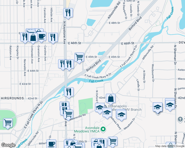map of restaurants, bars, coffee shops, grocery stores, and more near 4252 Lakeway Drive in Indianapolis