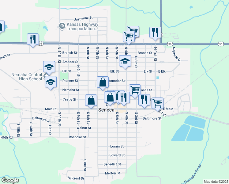 map of restaurants, bars, coffee shops, grocery stores, and more near 501-599 Castle Street in Seneca