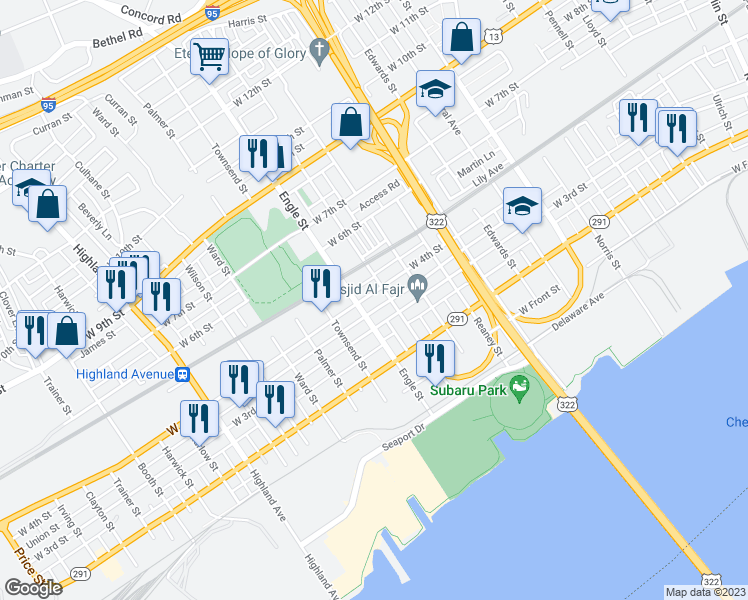 map of restaurants, bars, coffee shops, grocery stores, and more near 2113 West 4th Street in Chester