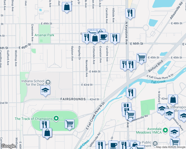 map of restaurants, bars, coffee shops, grocery stores, and more near 4323 Norwaldo Avenue in Indianapolis