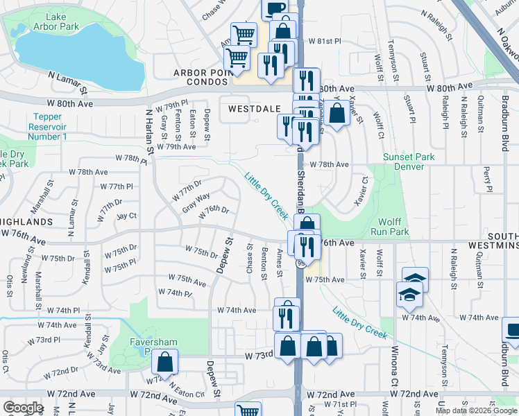 map of restaurants, bars, coffee shops, grocery stores, and more near 5423 West 76th Avenue in Arvada