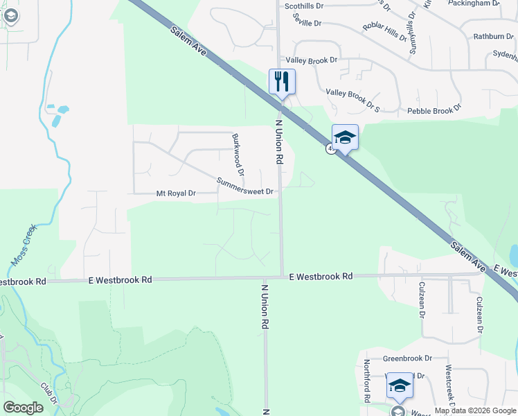 map of restaurants, bars, coffee shops, grocery stores, and more near 6155 North Union Road in Clayton