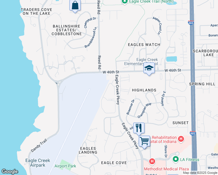 map of restaurants, bars, coffee shops, grocery stores, and more near 4381 Village Parkway Circle West in Indianapolis
