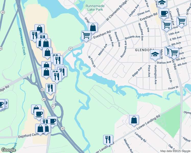 map of restaurants, bars, coffee shops, grocery stores, and more near 714 West Front Street in Gloucester Township