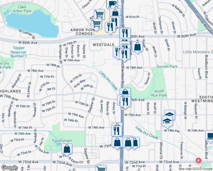 map of restaurants, bars, coffee shops, grocery stores, and more near 5565 West 76th Avenue in Arvada