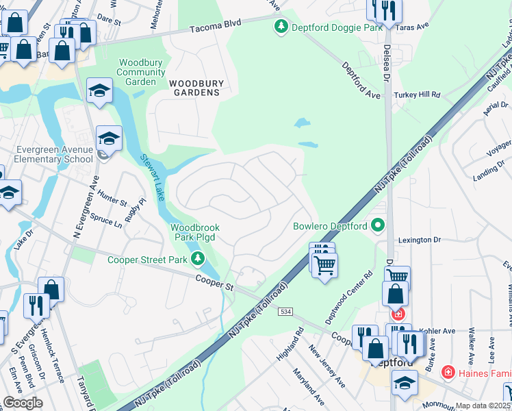 map of restaurants, bars, coffee shops, grocery stores, and more near 22 Lakebridge Drive in Deptford
