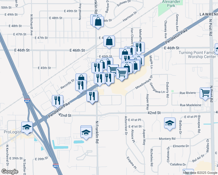 map of restaurants, bars, coffee shops, grocery stores, and more near 8015 Pendleton Pike in Indianapolis
