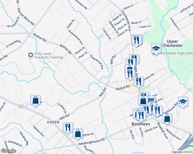 map of restaurants, bars, coffee shops, grocery stores, and more near 3419 Bethel Road in Boothwyn