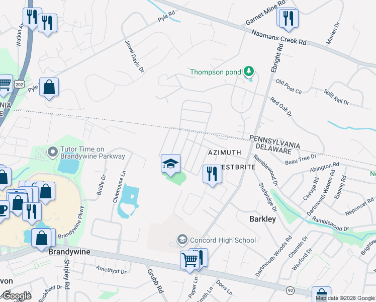 map of restaurants, bars, coffee shops, grocery stores, and more near 732 Berry Road in Wilmington