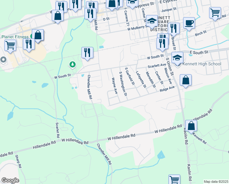 map of restaurants, bars, coffee shops, grocery stores, and more near 610 Worrall Avenue in Kennett Square