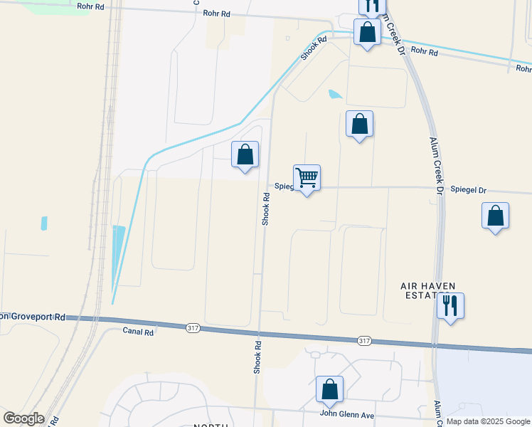 map of restaurants, bars, coffee shops, grocery stores, and more near Shook Road in Columbus