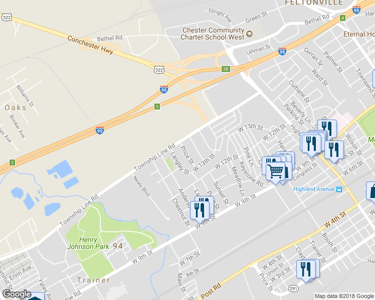 map of restaurants, bars, coffee shops, grocery stores, and more near 1345 Price Street in Trainer