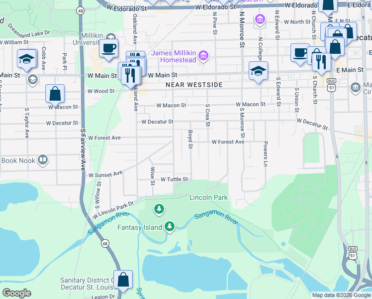 map of restaurants, bars, coffee shops, grocery stores, and more near 1-99 Lincoln Pl in Decatur