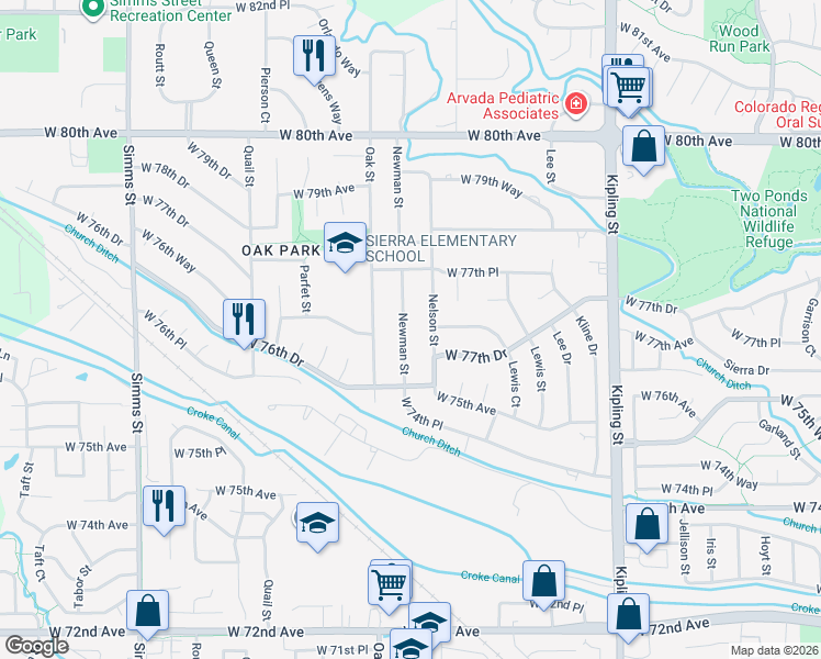 map of restaurants, bars, coffee shops, grocery stores, and more near 7647 Newman Street in Arvada