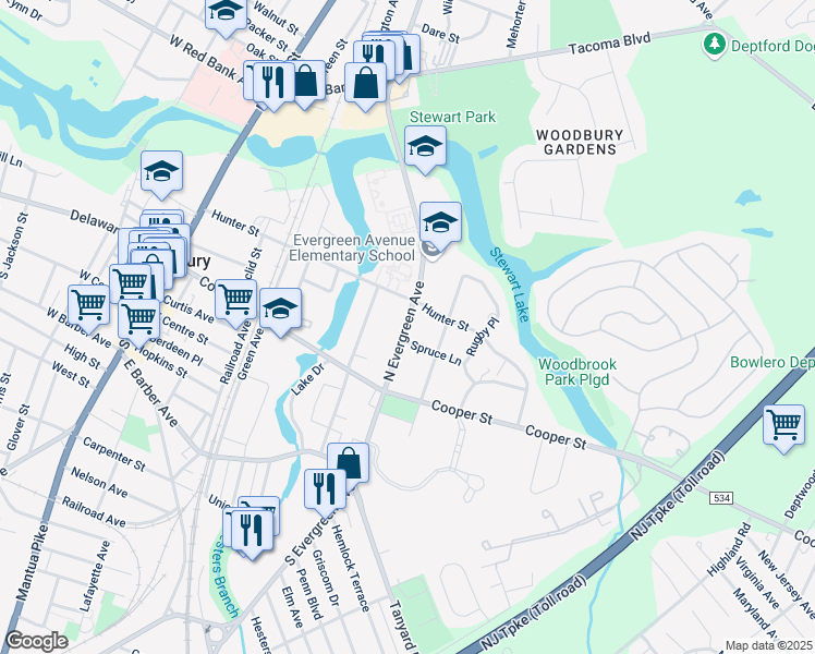 map of restaurants, bars, coffee shops, grocery stores, and more near 50 North Evergreen Avenue in Woodbury