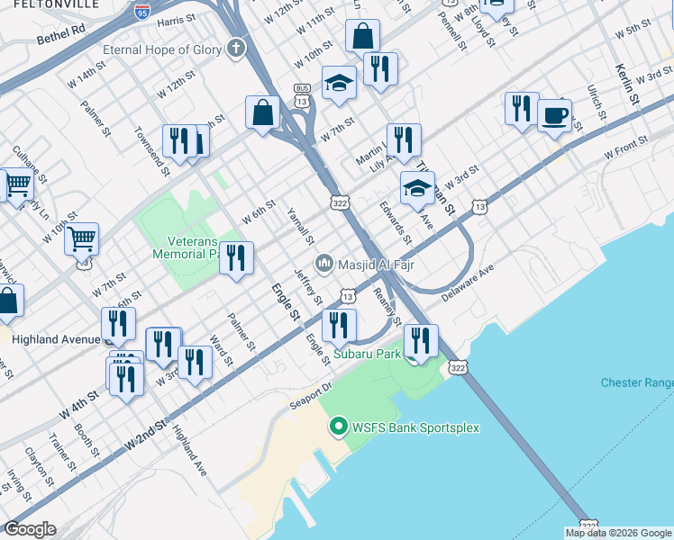 map of restaurants, bars, coffee shops, grocery stores, and more near 216 Yarnall Street in Chester