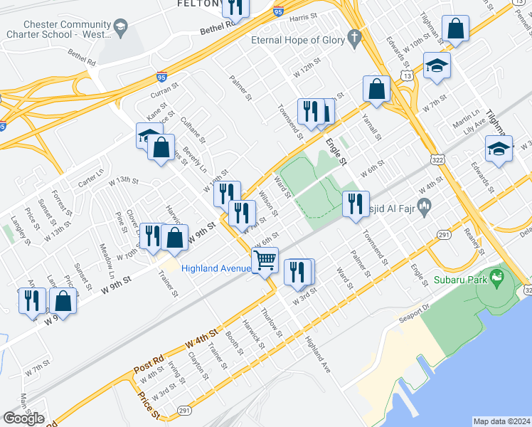 map of restaurants, bars, coffee shops, grocery stores, and more near 2705 West 7th Street in Chester