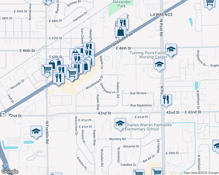 map of restaurants, bars, coffee shops, grocery stores, and more near 8521 Georgiana Lane in Indianapolis