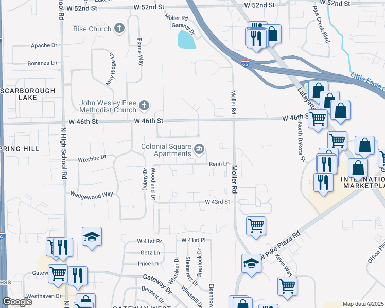map of restaurants, bars, coffee shops, grocery stores, and more near 5704 Renn Lane in Indianapolis