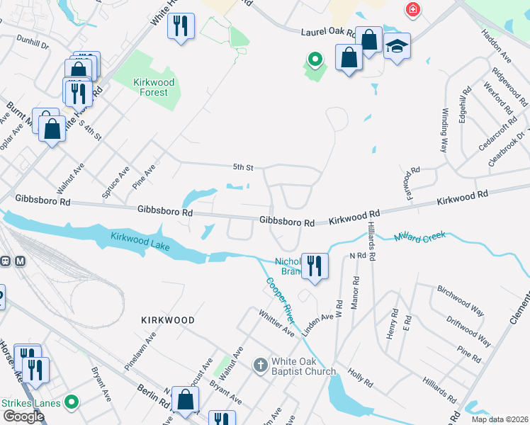 map of restaurants, bars, coffee shops, grocery stores, and more near 3 Glenview Way East in Gibbsboro