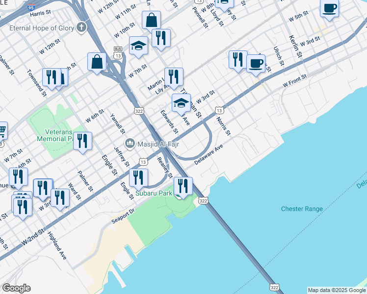 map of restaurants, bars, coffee shops, grocery stores, and more near 110 Edwards Street in Chester