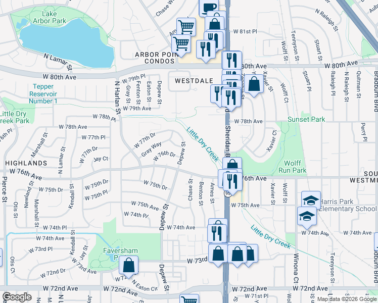 map of restaurants, bars, coffee shops, grocery stores, and more near 7626 Depew Street in Westminster