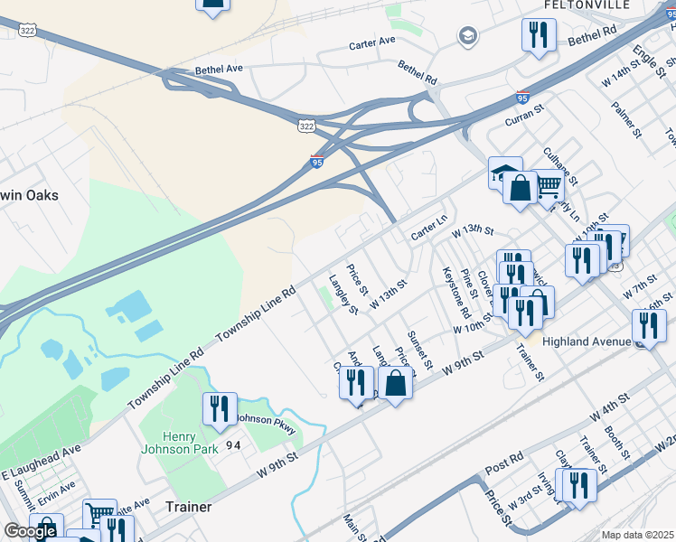 map of restaurants, bars, coffee shops, grocery stores, and more near 1371 Langley Street in Trainer